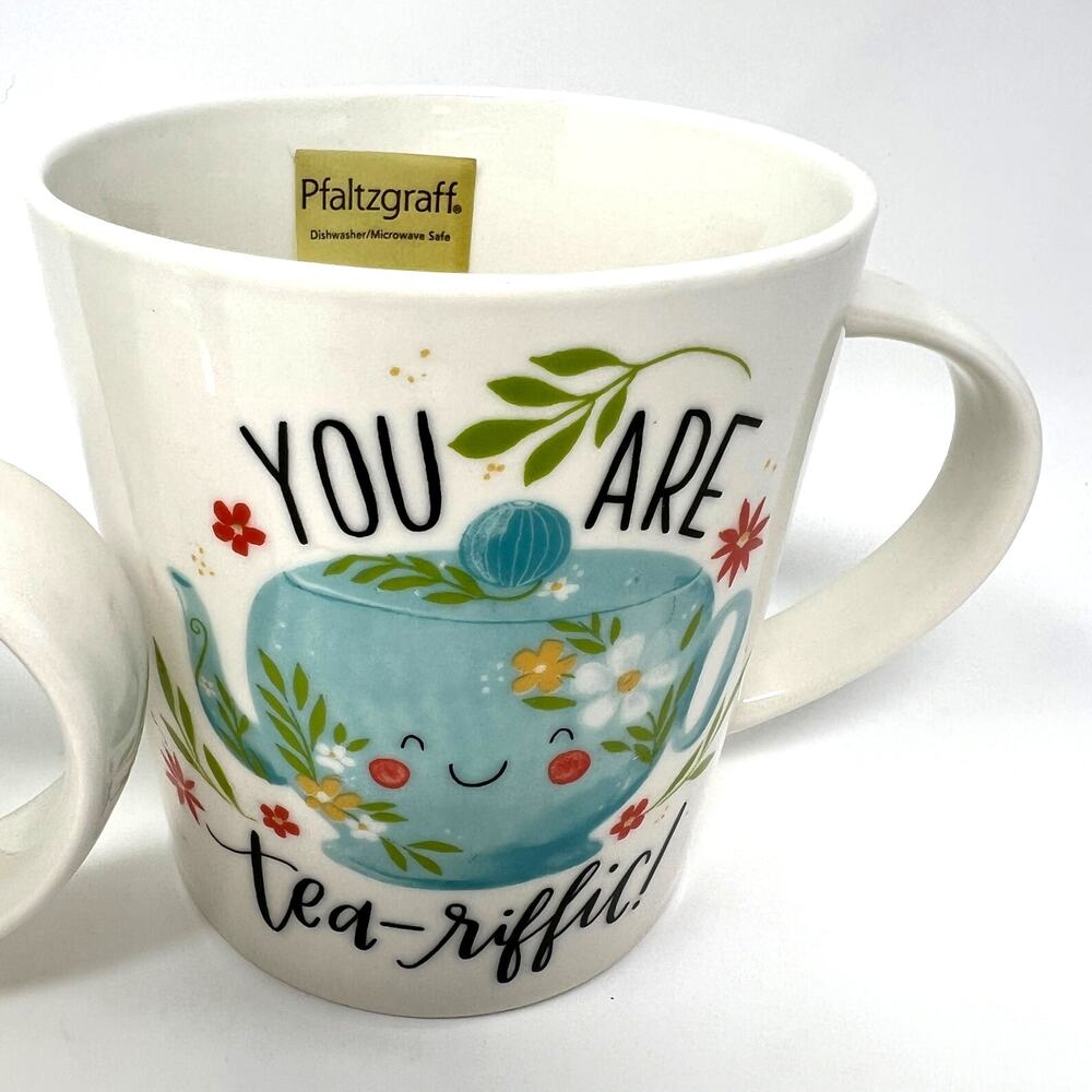 Pflatzgraff Mugs You Are Teariffic Pair of 18oz Porcelain Cups New w/ Tags Gift - Picture 5 of 10